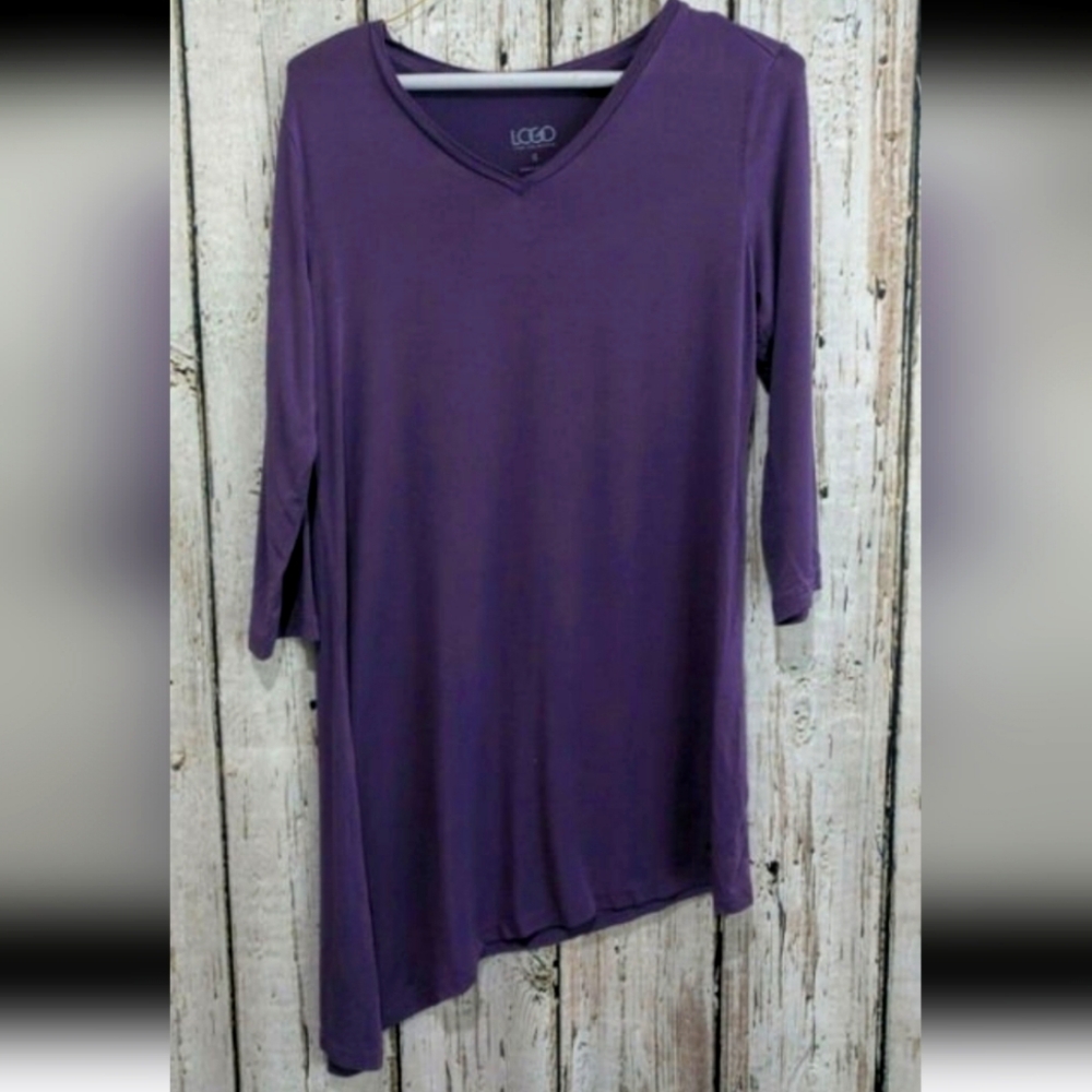 Lori Goldstein LOGO Small Tunic Blouse 3/4 sleeve asymmetrical purple Jersey EUC